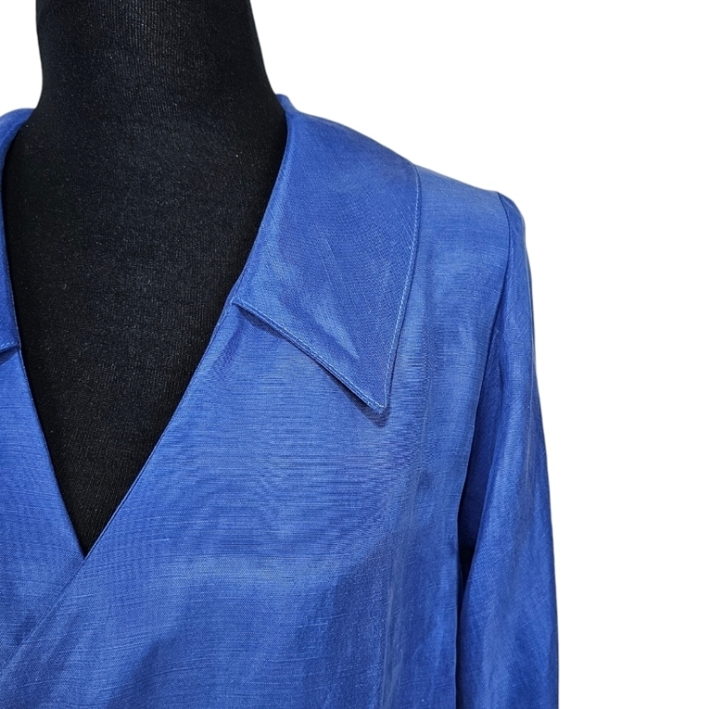 R.G. Kane Linen Blend V-Neck Wrap Front Blouse Balloon Sleeve Blue Size Large - Picture 9 of 13